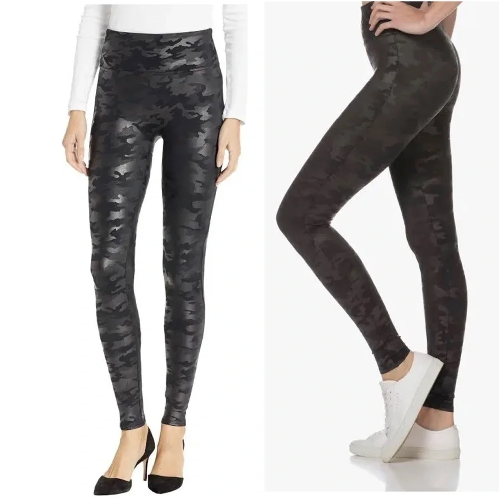 Spanx Faux Leather Camo Leggings Black SzS Like New